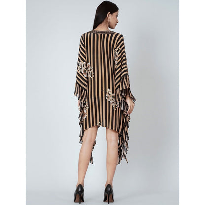 First Resort by Ramola Bachchan Black And Caramel Embellished Floral Frill Kaftan Tunic