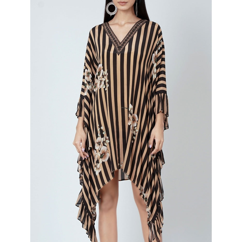 First Resort by Ramola Bachchan Black And Caramel Embellished Floral Frill Kaftan Tunic