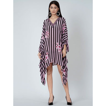First Resort by Ramola Bachchan Black And Pink Embellished Floral Frill Kaftan Tunic