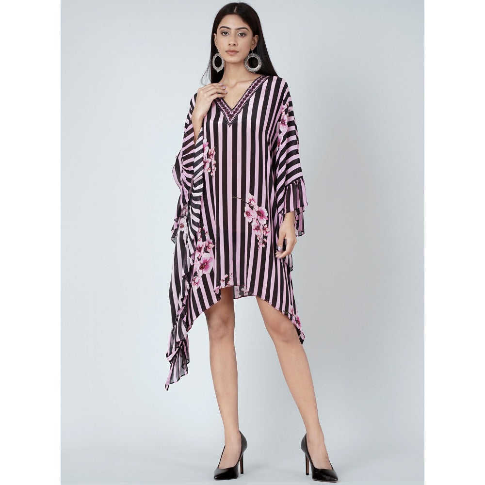 First Resort by Ramola Bachchan Black And Pink Embellished Floral Frill Kaftan Tunic