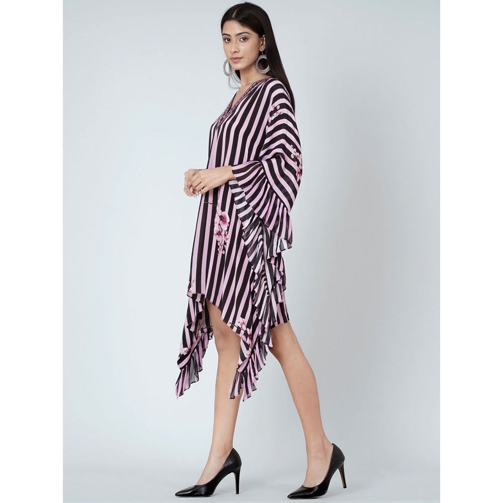 First Resort by Ramola Bachchan Black And Pink Embellished Floral Frill Kaftan Tunic