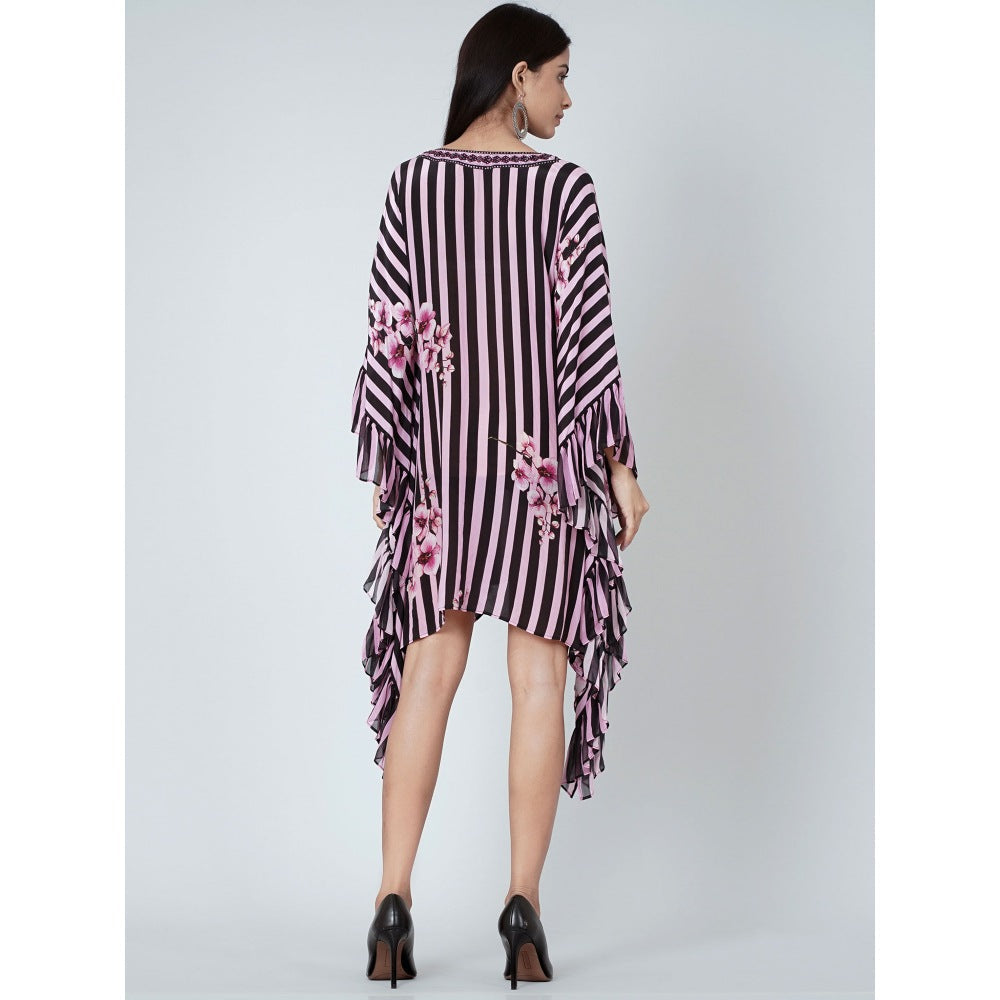 First Resort by Ramola Bachchan Black And Pink Embellished Floral Frill Kaftan Tunic