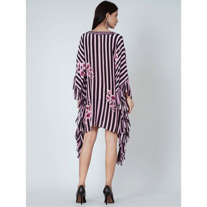 First Resort by Ramola Bachchan Black And Pink Embellished Floral Frill Kaftan Tunic