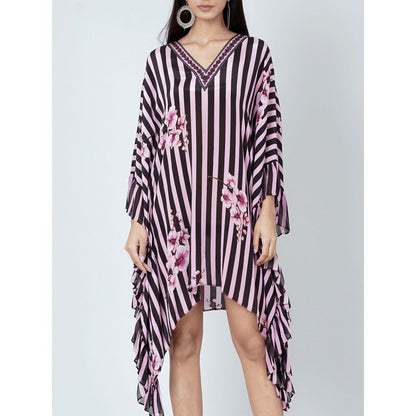 First Resort by Ramola Bachchan Black And Pink Embellished Floral Frill Kaftan Tunic