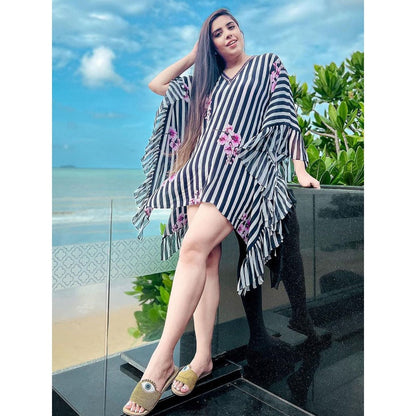 First Resort by Ramola Bachchan Black And White Embellished Floral Frill Kaftan Tunic