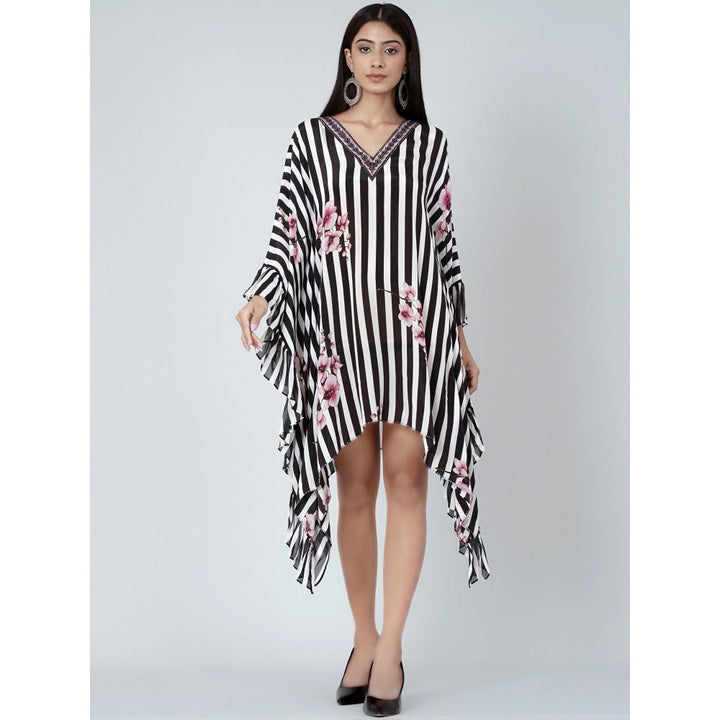 First Resort by Ramola Bachchan Black And White Embellished Floral Frill Kaftan Tunic