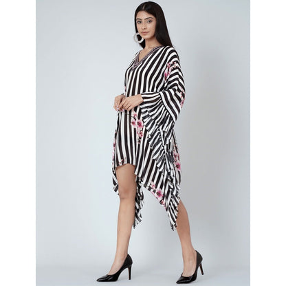 First Resort by Ramola Bachchan Black And White Embellished Floral Frill Kaftan Tunic