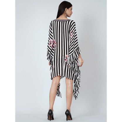 First Resort by Ramola Bachchan Black And White Embellished Floral Frill Kaftan Tunic