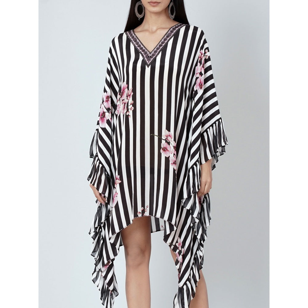 First Resort by Ramola Bachchan Black And White Embellished Floral Frill Kaftan Tunic