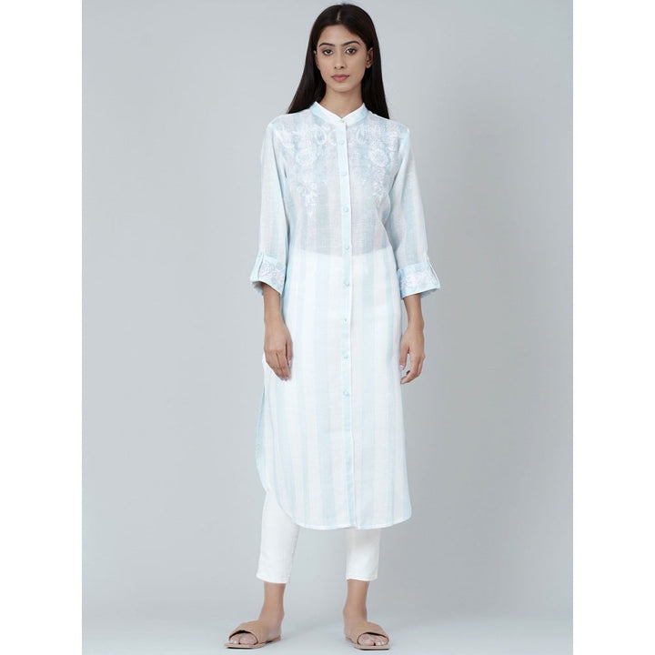 First Resort by Ramola Bachchan White And Blue Embroidered Shirt Style Kurta