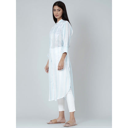 First Resort by Ramola Bachchan White And Blue Embroidered Shirt Style Kurta