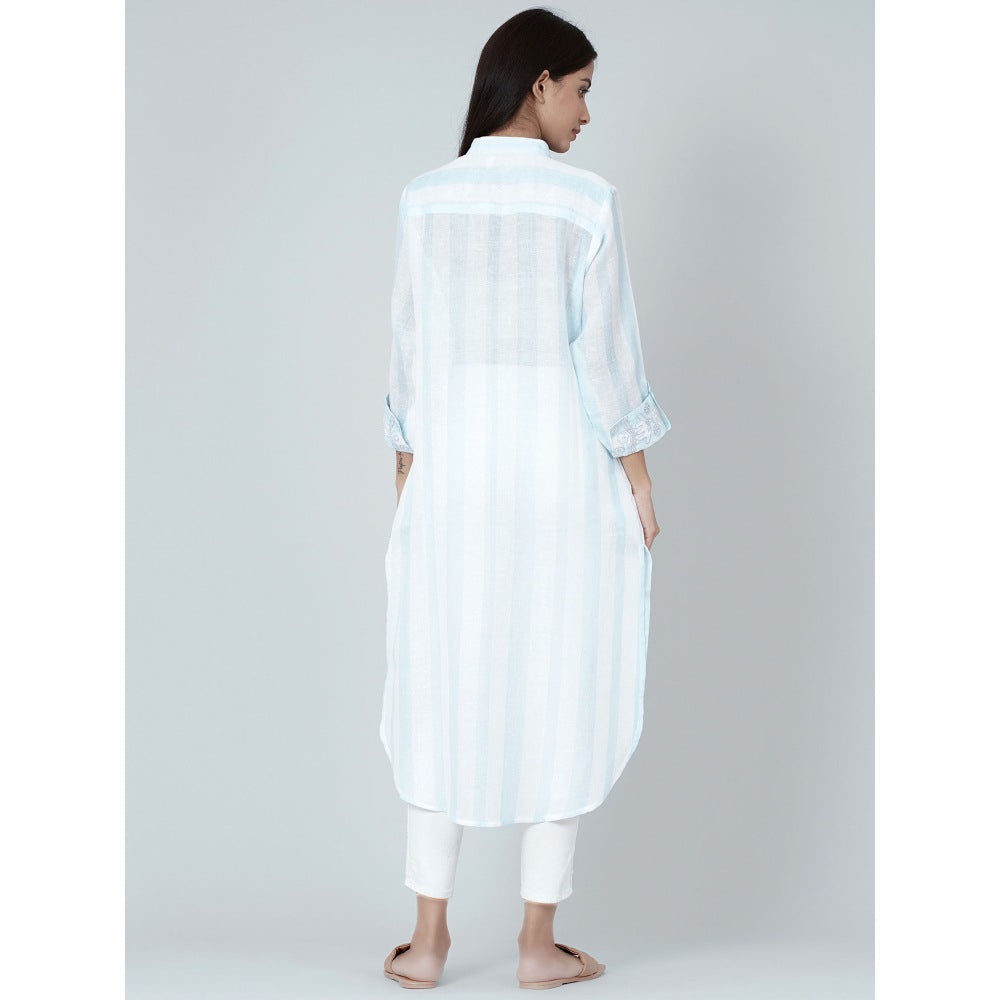 First Resort by Ramola Bachchan White And Blue Embroidered Shirt Style Kurta