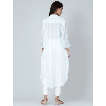 First Resort by Ramola Bachchan White And Blue Embroidered Shirt Style Kurta