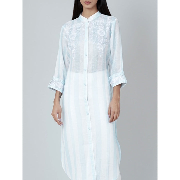 First Resort by Ramola Bachchan White And Blue Embroidered Shirt Style Kurta