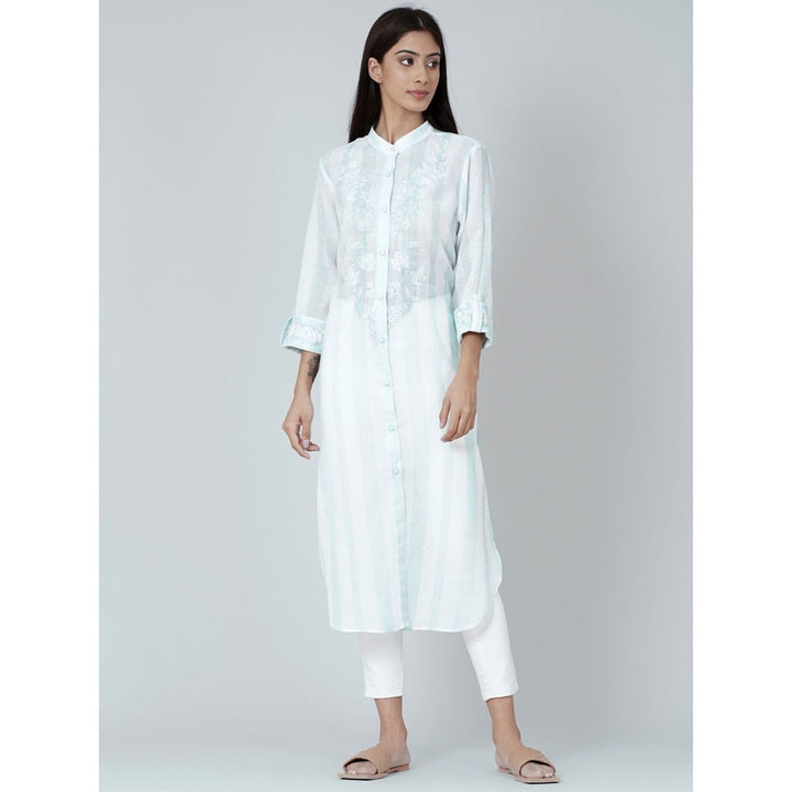First Resort by Ramola Bachchan White And Green Embroidered Shirt Style Kurta