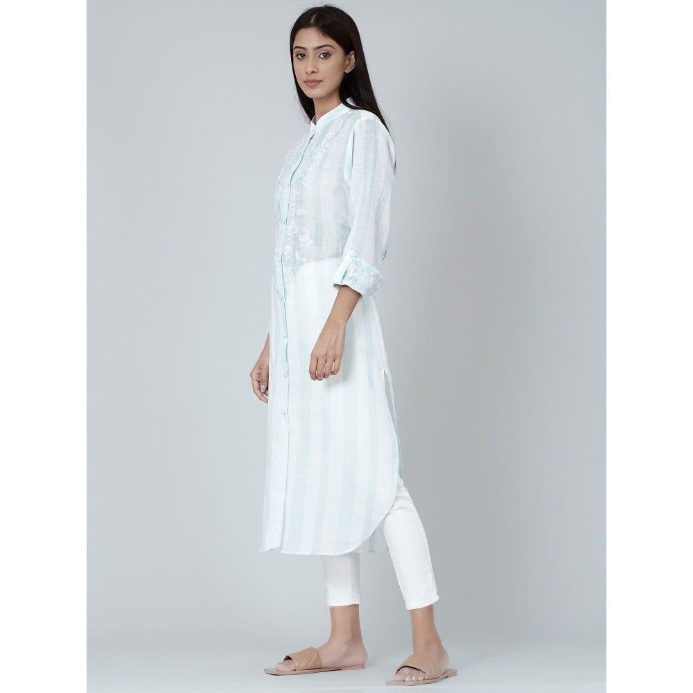 First Resort by Ramola Bachchan White And Green Embroidered Shirt Style Kurta