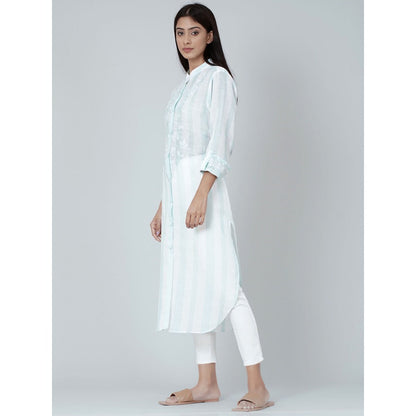 First Resort by Ramola Bachchan White And Green Embroidered Shirt Style Kurta