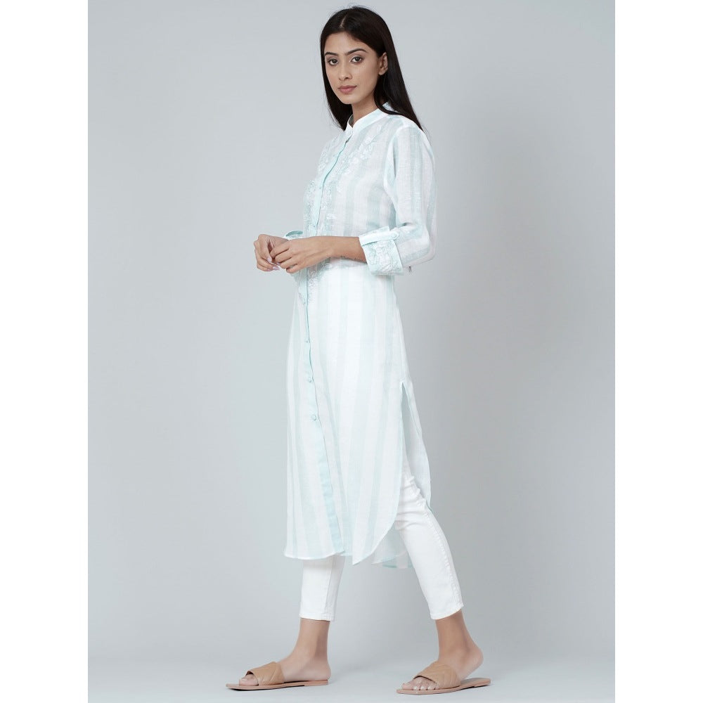 First Resort by Ramola Bachchan White And Green Embroidered Shirt Style Kurta