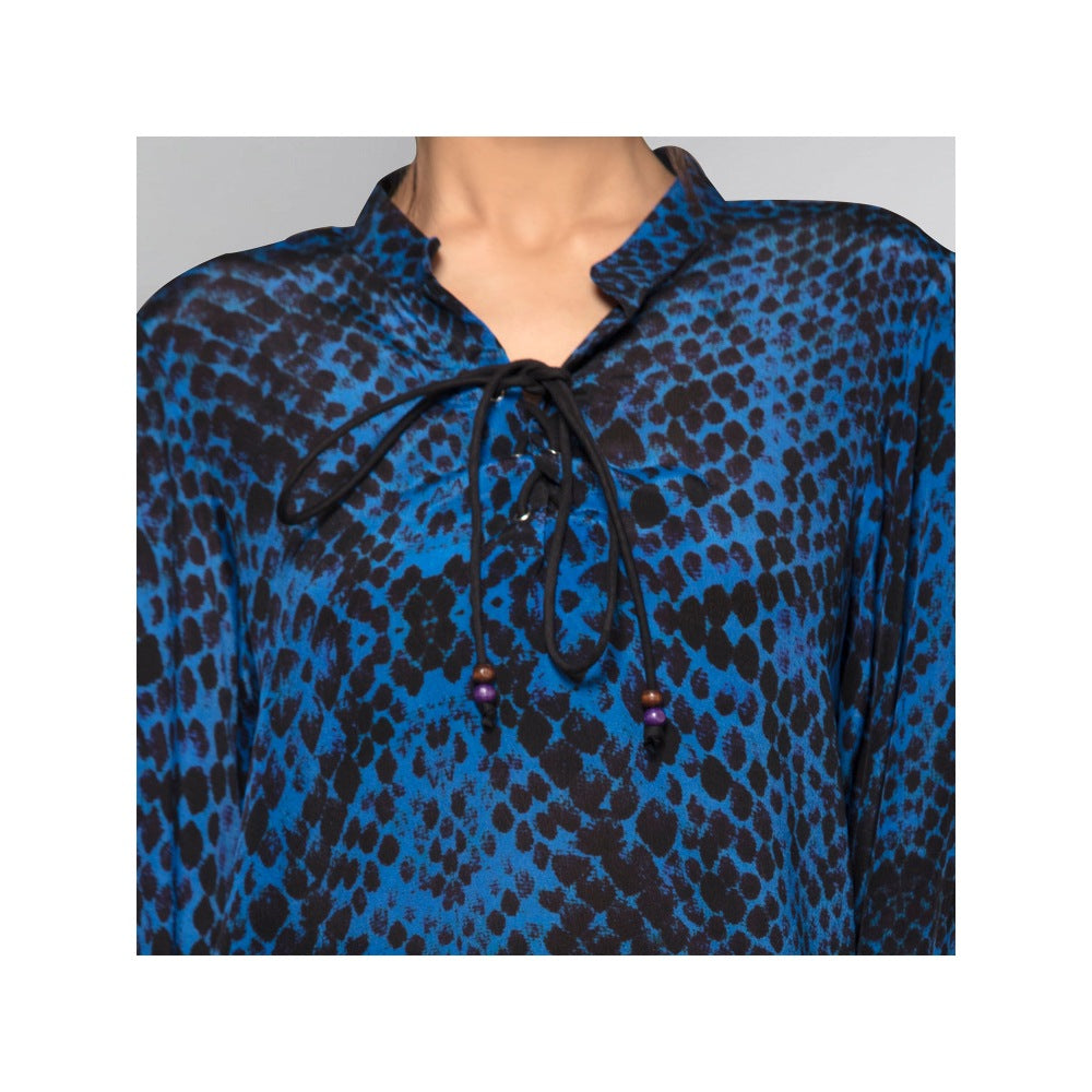 First Resort by Ramola Bachchan Dark Blue Animal Print Lace-Up Top
