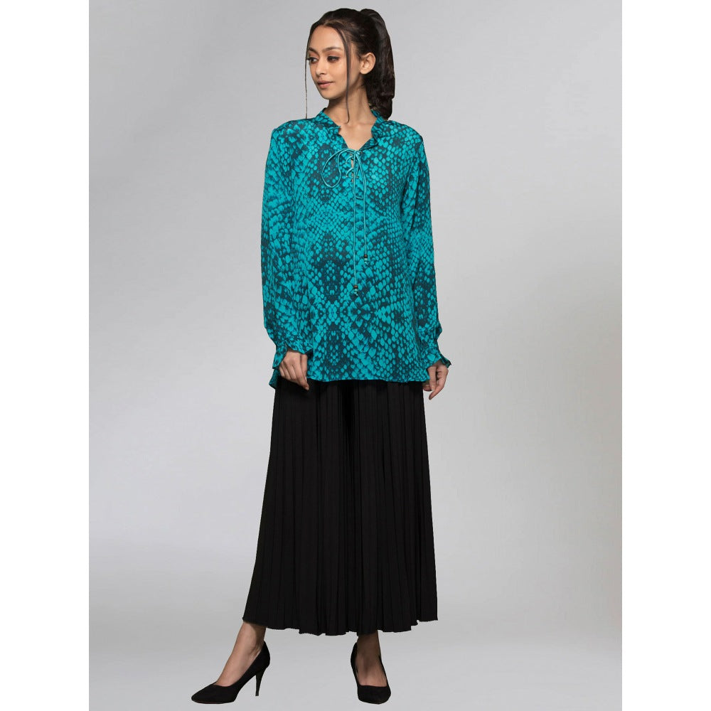 First Resort by Ramola Bachchan Dark Green Animal Print Lace-Up Top