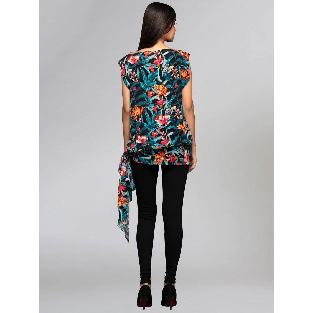 First Resort by Ramola Bachchan Black Tropical Print Top