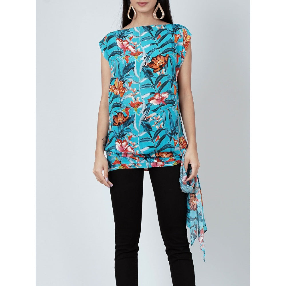 First Resort by Ramola Bachchan Blue Tropical Print Top
