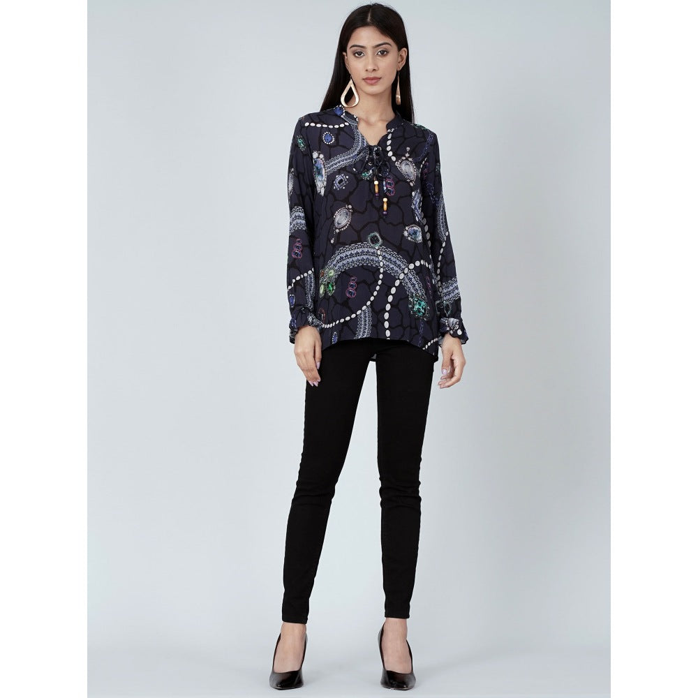 First Resort by Ramola Bachchan Blue Jewel Print Lace-Up Top