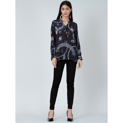 First Resort by Ramola Bachchan Blue Jewel Print Lace-Up Top