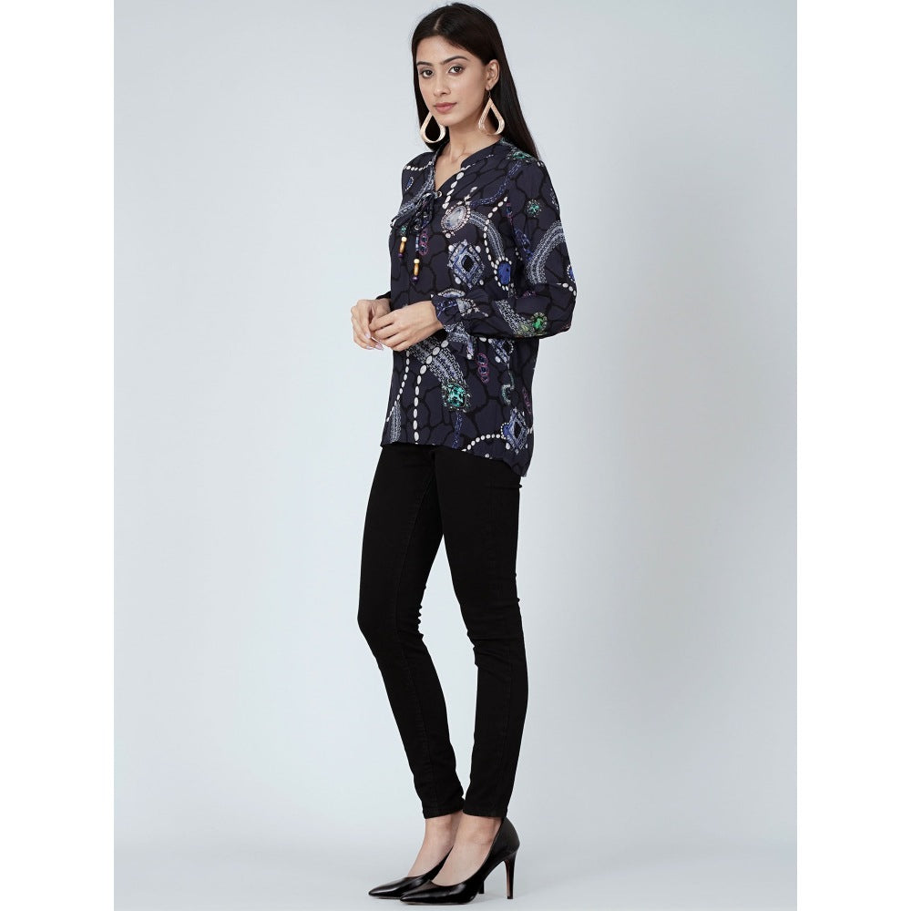 First Resort by Ramola Bachchan Blue Jewel Print Lace-Up Top