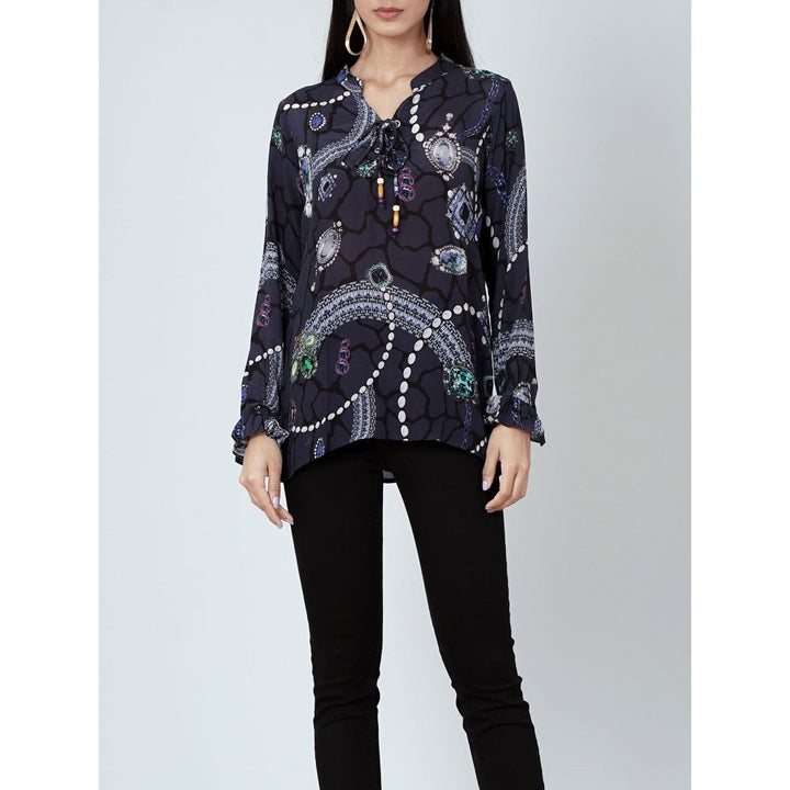 First Resort by Ramola Bachchan Blue Jewel Print Lace-Up Top
