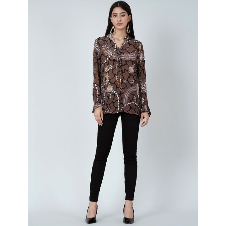 First Resort by Ramola Bachchan Brown Jewel Print Lace-Up Top