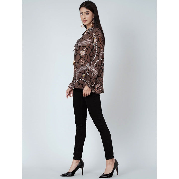 First Resort by Ramola Bachchan Brown Jewel Print Lace-Up Top