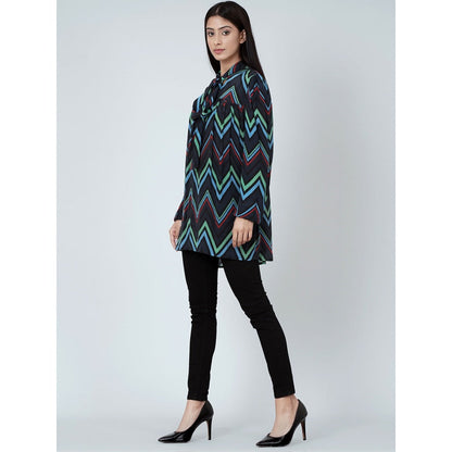 First Resort by Ramola Bachchan Blue And Green Chevron Tie-Neck Top