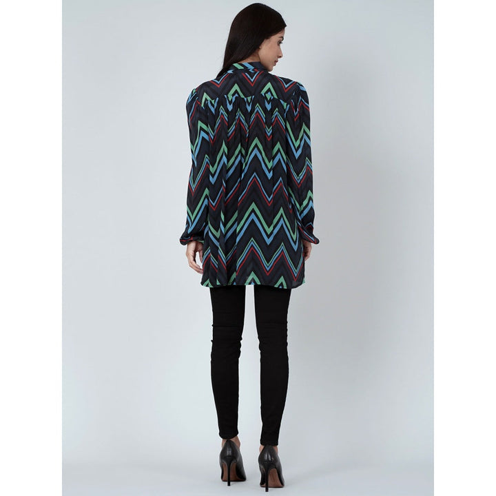 First Resort by Ramola Bachchan Blue And Green Chevron Tie-Neck Top