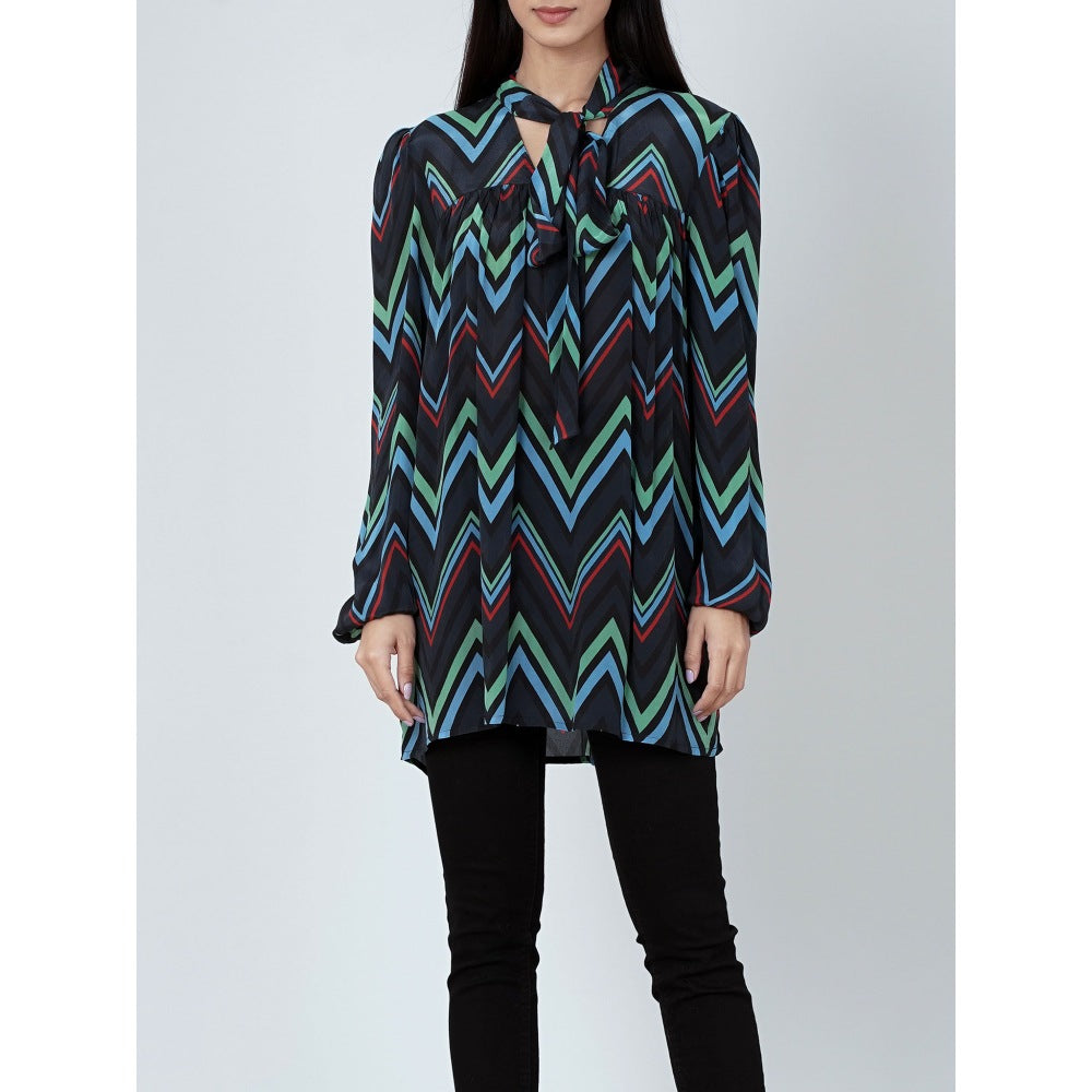First Resort by Ramola Bachchan Blue And Green Chevron Tie-Neck Top