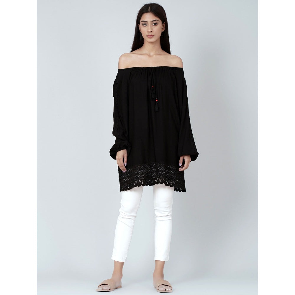 First Resort by Ramola Bachchan Black Lace Peasant Top