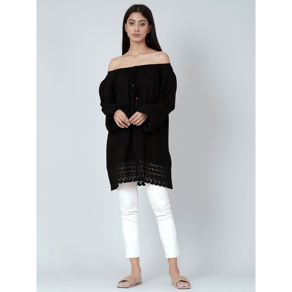 First Resort by Ramola Bachchan Black Lace Peasant Top