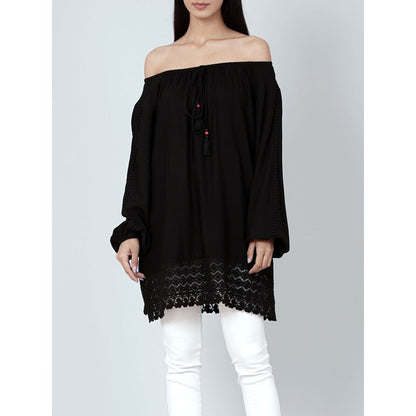 First Resort by Ramola Bachchan Black Lace Peasant Top