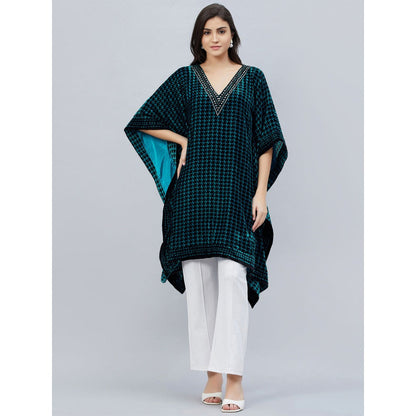First Resort by Ramola Bachchan Teal Blue Crystal Embellished Houndstooth Tunic