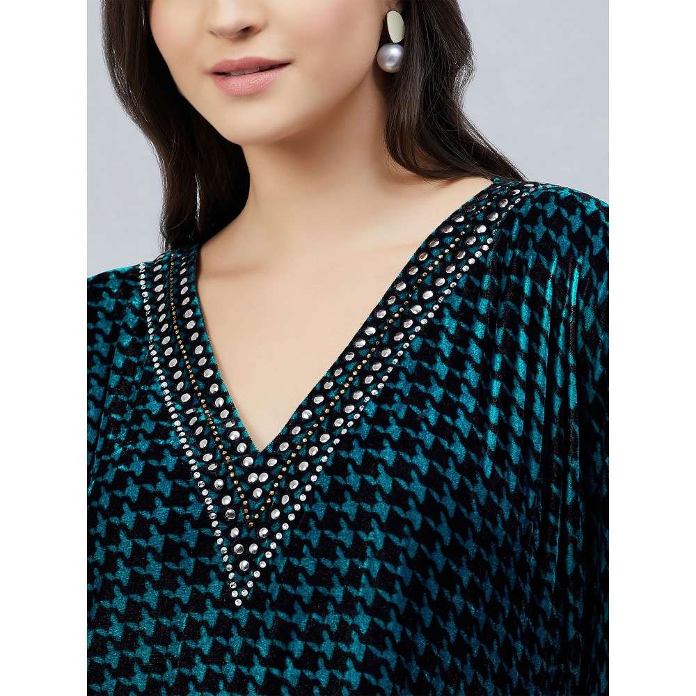 First Resort by Ramola Bachchan Teal Blue Crystal Embellished Houndstooth Tunic