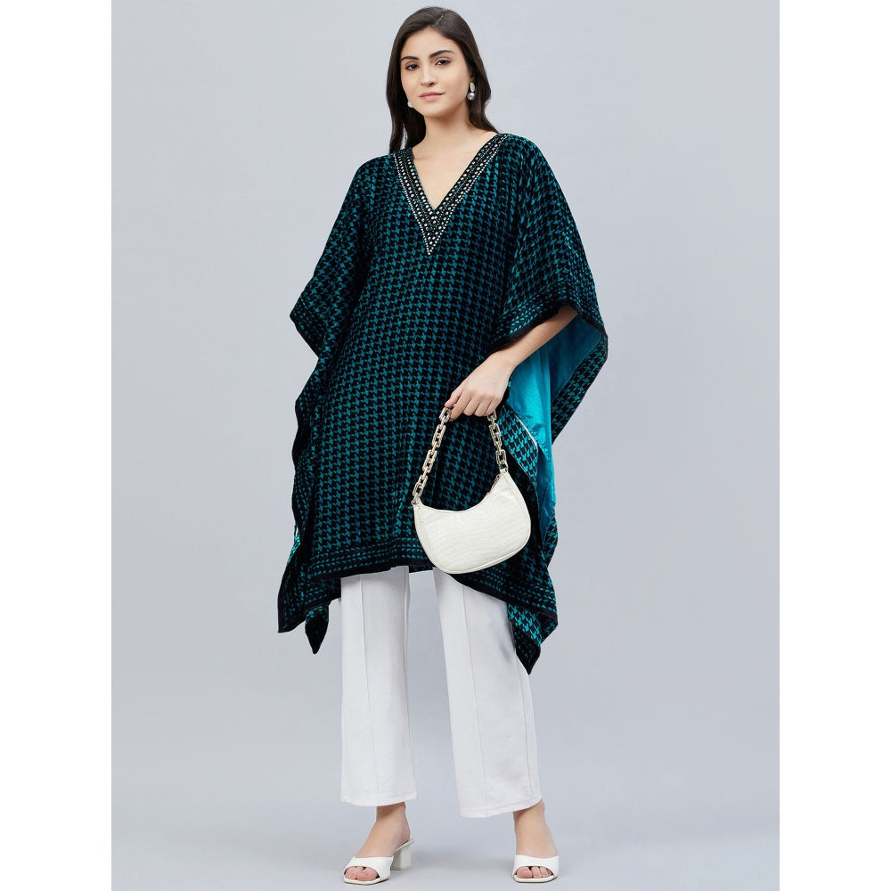 First Resort by Ramola Bachchan Teal Blue Crystal Embellished Houndstooth Tunic