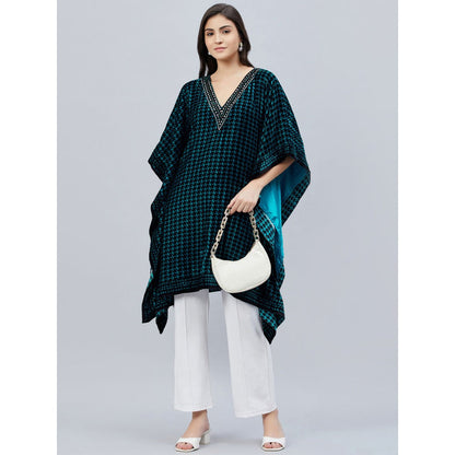 First Resort by Ramola Bachchan Teal Blue Crystal Embellished Houndstooth Tunic