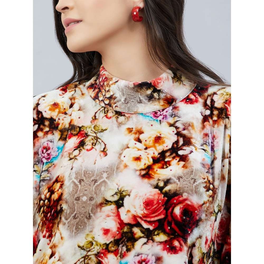First Resort by Ramola Bachchan Beige Floral Crystal Studded Tunic