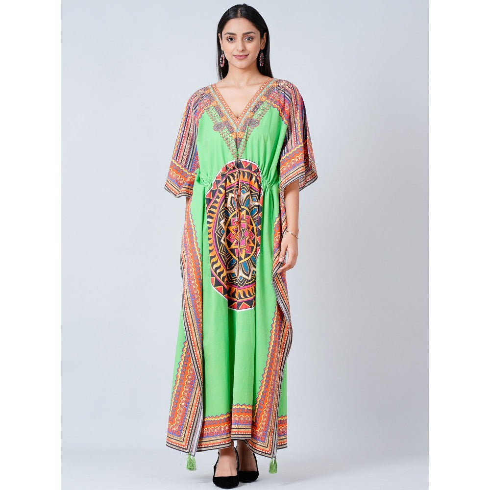 First Resort by Ramola Bachchan Green Tribal Full Length Kaftan