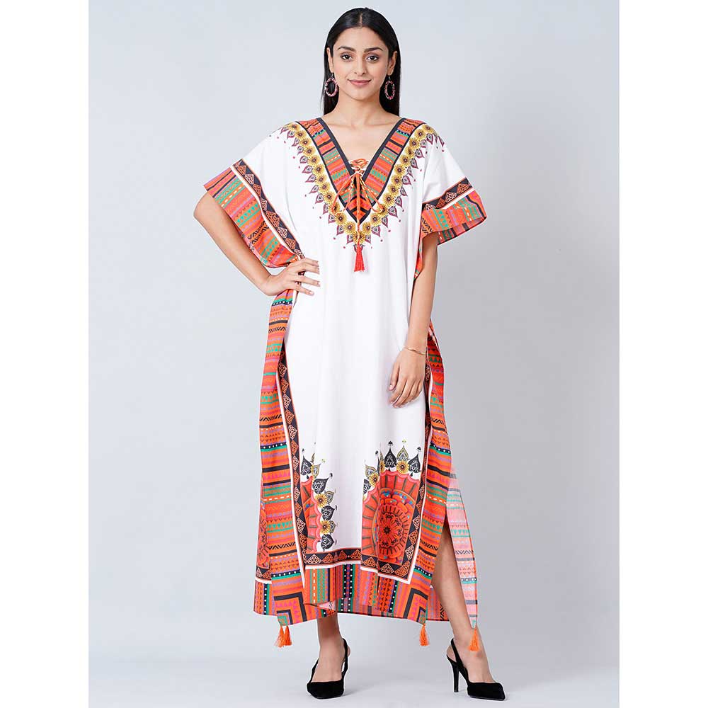 First Resort by Ramola Bachchan White and Pink Tribal Full Length Kaftan