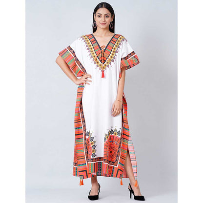 First Resort by Ramola Bachchan White and Pink Tribal Full Length Kaftan