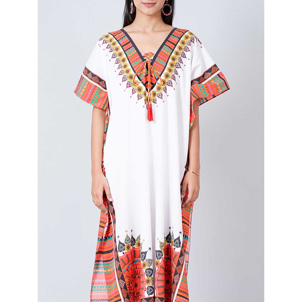 First Resort by Ramola Bachchan White and Pink Tribal Full Length Kaftan