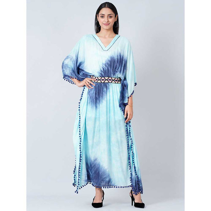 First Resort by Ramola Bachchan Blue Tie-Dye Full Length Kaftan with Lace
