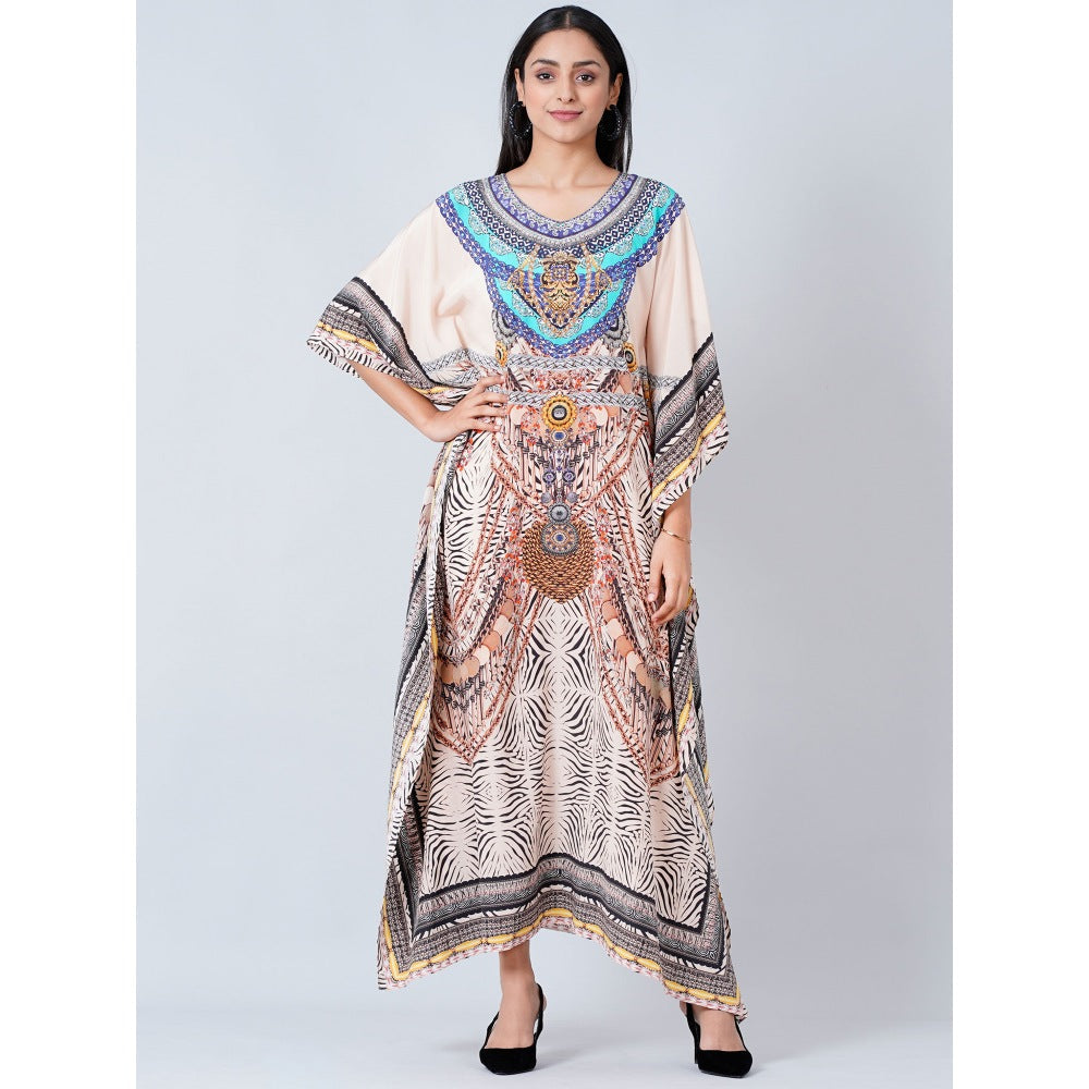 First Resort by Ramola Bachchan Beige Zebra Print Embellished Silk Full Length Kaftan