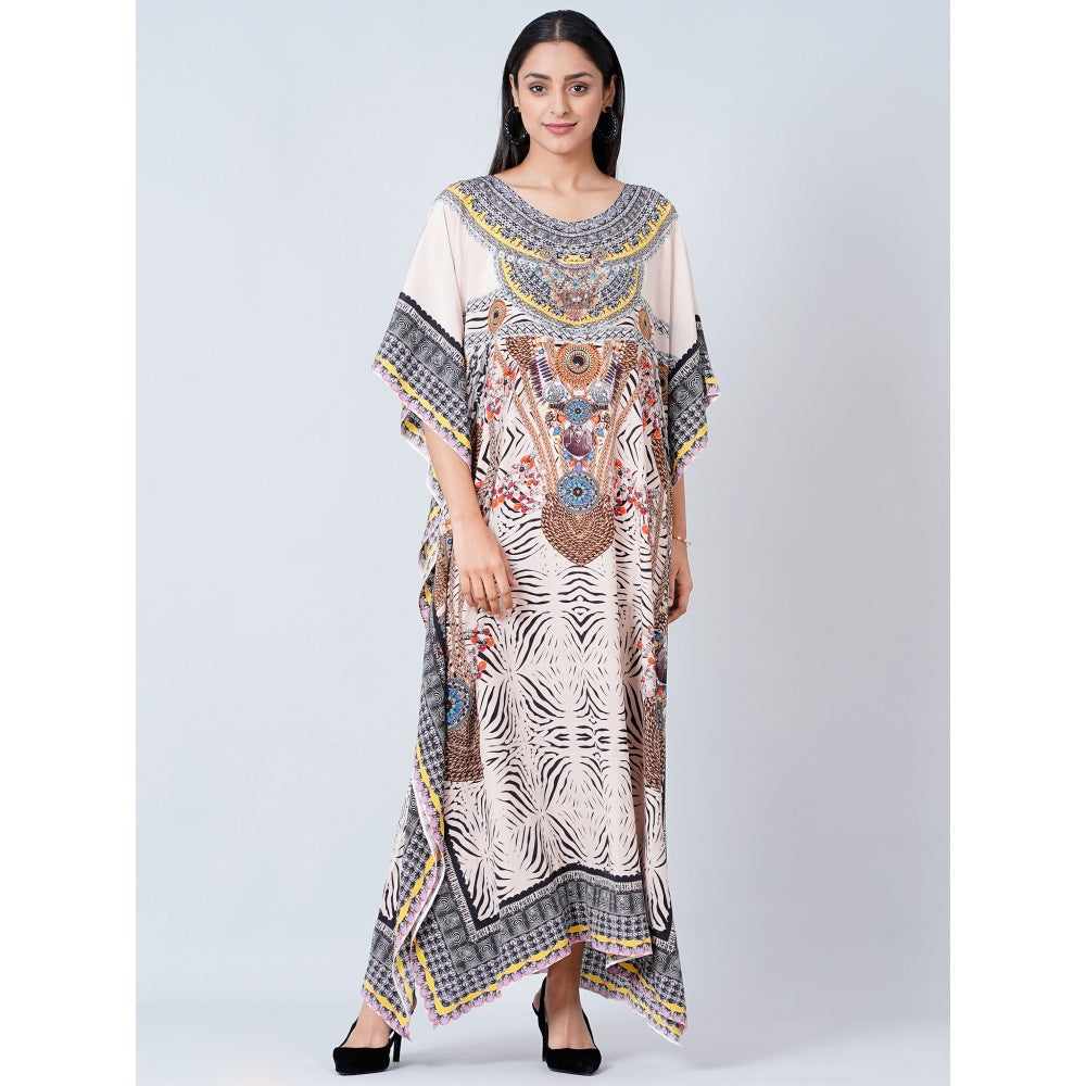 First Resort by Ramola Bachchan Grey Zebra Print Embellished Silk Full Length Kaftan